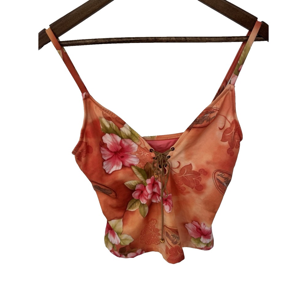 Y2K Orange Tropical Hibiscus Lace-Up Corset Cami Tank Top Tankini Resort Beachy